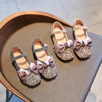 

2020 spring new girls shoes bow rhinestone flat middle-aged children shoes leather performance shoes