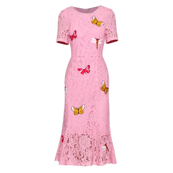 

New Beaded Women Lace Dress Heavy Bow Embroidery Short Sleeve Mermaid Dresses