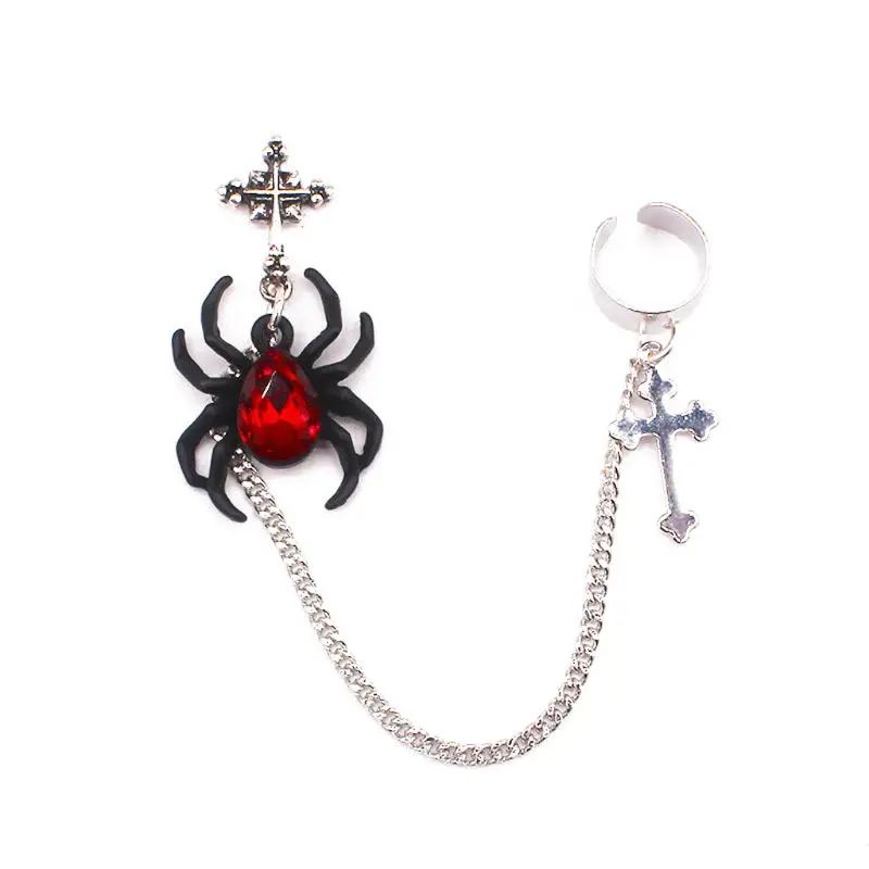 

1Pc Gothic Red Spider Cross Coffin Silver Finish Long Chain Ear Cuff Dangle Earr