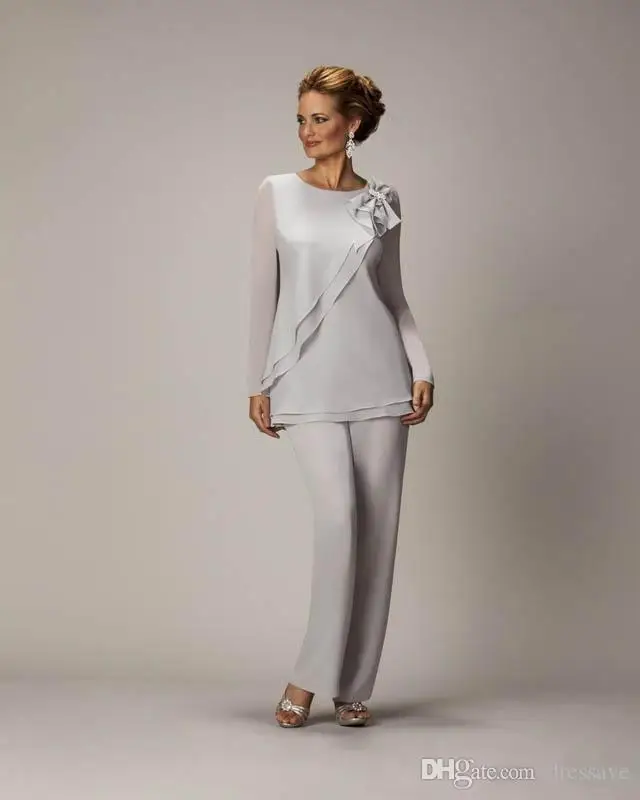 Elegant 2019 Plus Size Silver Pants Suit For Mother of The Bride Groom Beaded Chiffon Wedding Party Evening Gowns