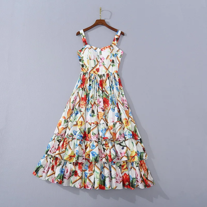 

European and American women's wear 2020 summer new style Condole belt V-neck laminated cake Floral print dress