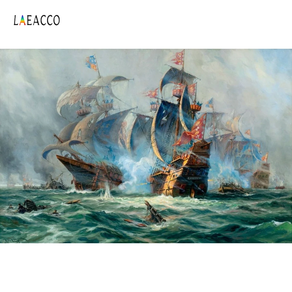 

Laeacco Tallship Naval Battle Oil Painting Photography Backgrounds Vinyl Custom Camera Photogaphic Backdrops For Photo Studio