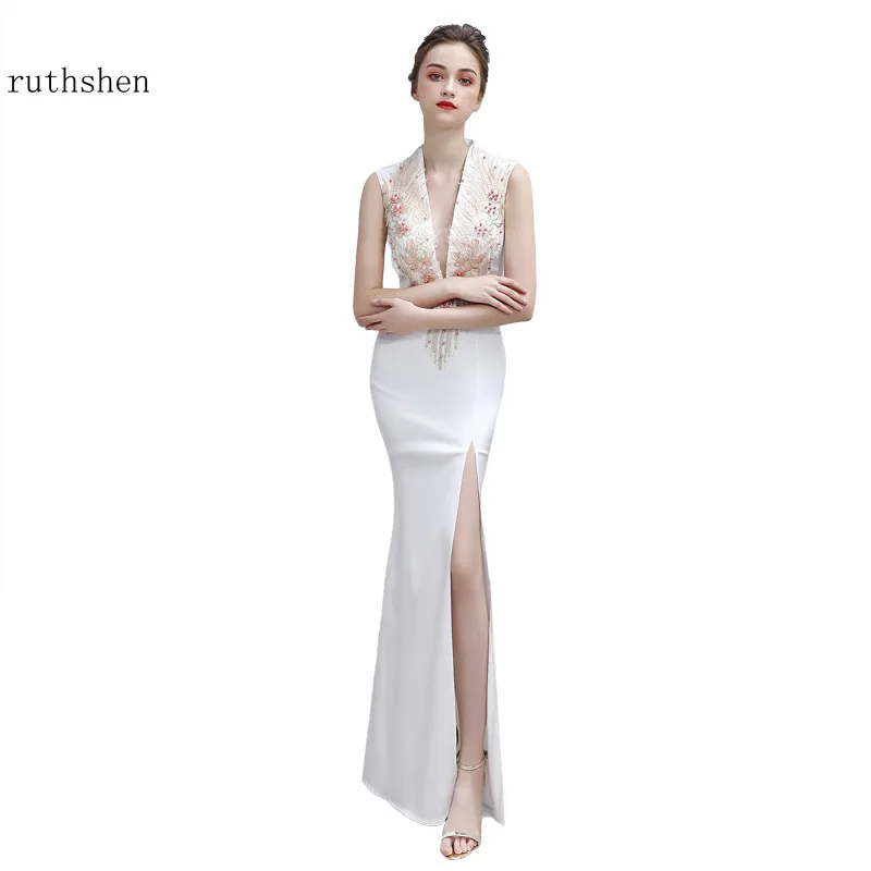 

Deep V Neck Evening Dresses Long Robe De Soiree Mermaid Style Prom Gowns White Formal Dress Party Sexy Vestido Longo Festa