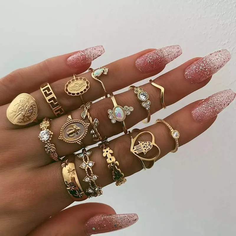 

15pcs/set Cross Fatima Hand Punk Ring Sets For Women Gold Color Geometric Hollow Pattern Flower Female Jewelry