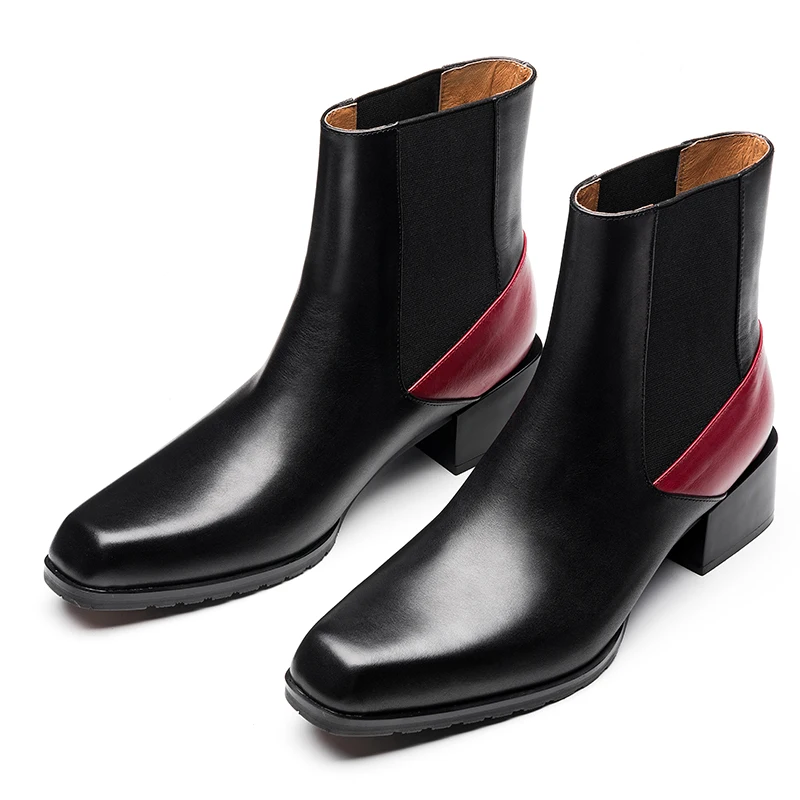 Мужские ботинки на высоком каблуке 5 см из натуральной кожи с квадратным носком; цвет черный, смешанный, красный; кожаные ботинки; красивые мужские свадебные и вечерние ботильоны