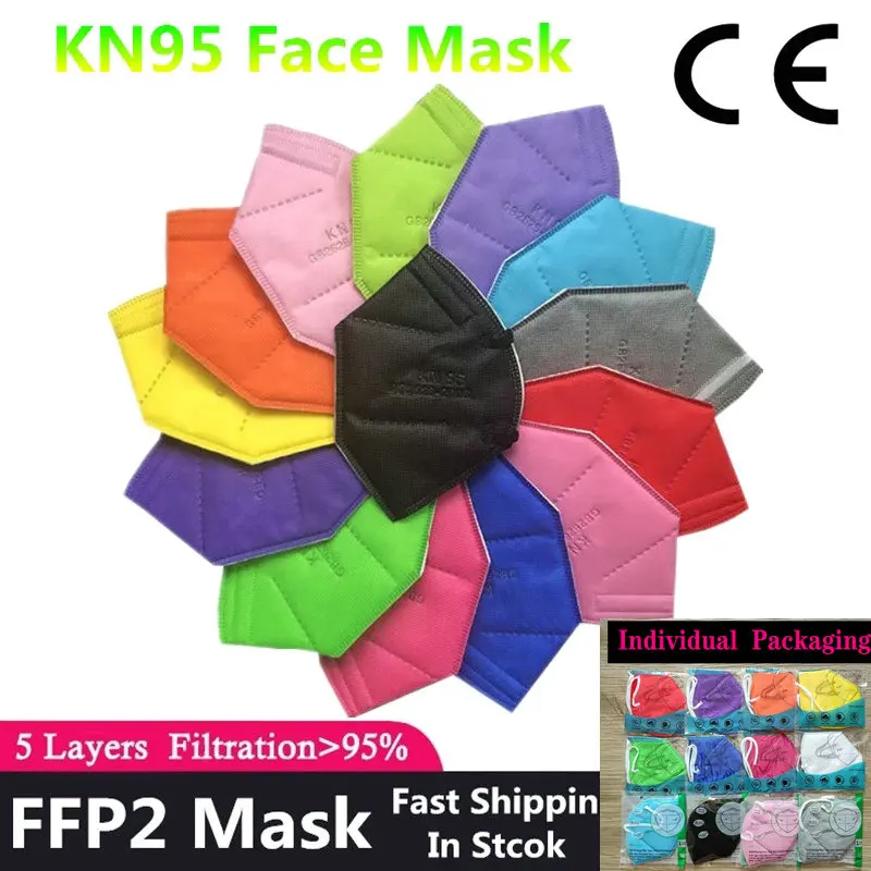 Mascarilla FFP2 KN95 de 5 capas para adultos, máscara de tejido negro, protectora para la boca, máscara filtro facial, 15 colores