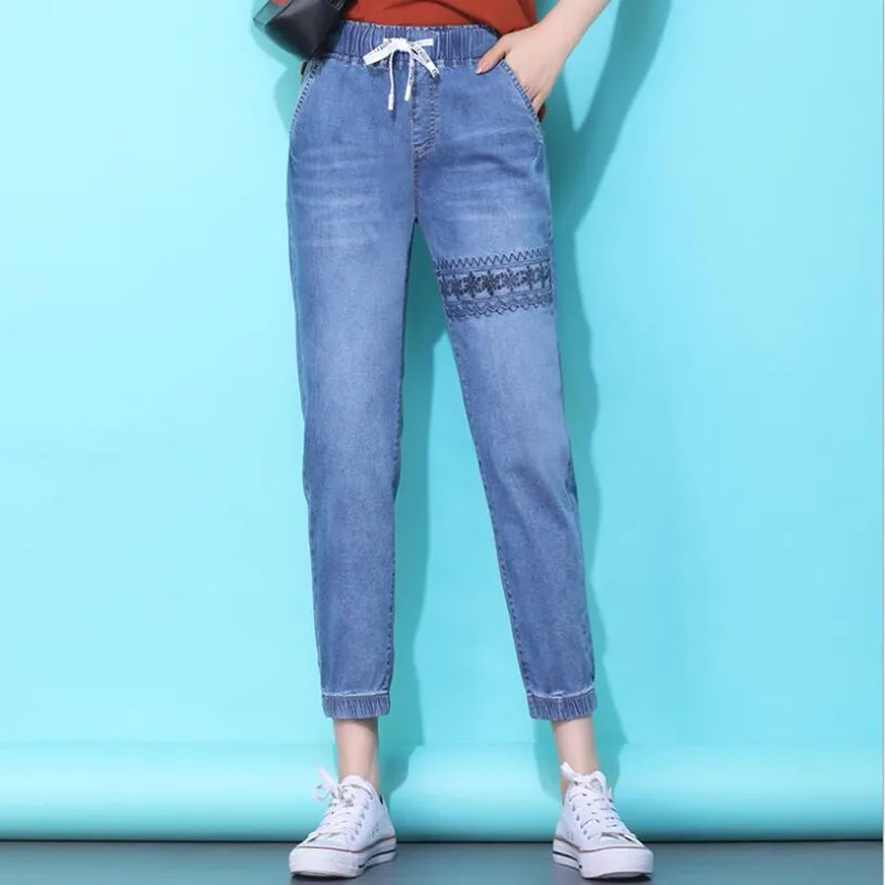 

2020 Spring Summer thin tencel denim harem pants female drape Skinny Pencil jeans casual Elastic waist jeans women Plus Size