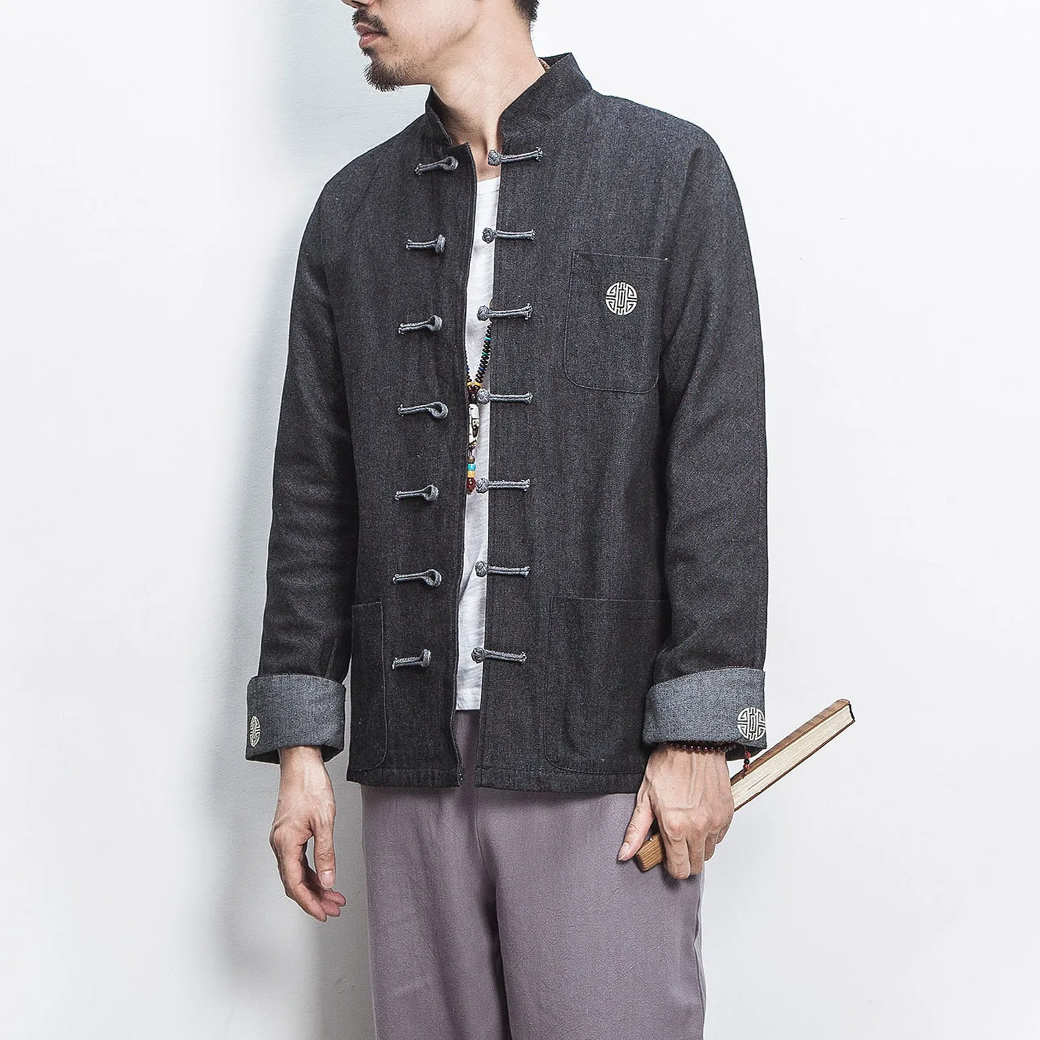 

2018 Autumn And Winter New Style Chinese-style MEN'S Denim Jacket Fashion Large Size Frog Embroidered Chinese Costume Chinese Cl