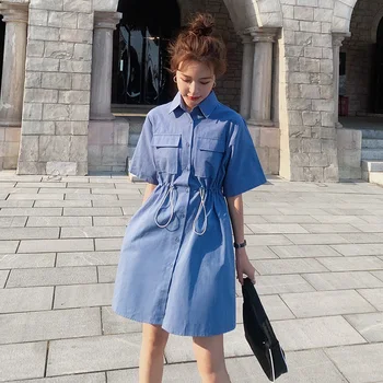 

2020 Summer Women Short Sleeve Lapel Drawstring Design Loose Casual Blue Shirt Dress Office Lady Elegant Korean Dresses 2015