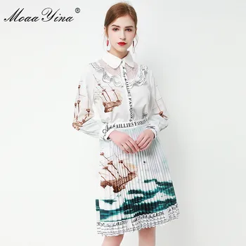 

MoaaYina Fashion Designer Set Women Long sleeve Lace Ruffles Shirt Tops+Pleated skirt Two-piece set
