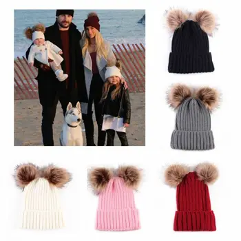 

Warm Animal Winter Woman Hat Parent-child Baby Cap Double Ball Beanie b