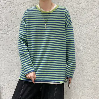 

Men's T Shirt 2020 Autumn new slim solid color versatile stripe ripped long sleeve T shirt casual personality youth men's wear