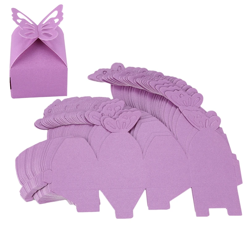 

50 Pcs Butterfly Favor Gift Candy Boxes Cake Style for Wedding Party Purple