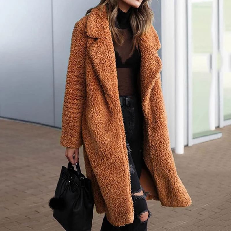 Зимнее длинное флисовое меховое пальто для женщин, шерстяная верхняя одежда, плотная теплая Женская куртка, уличное повседневное Свободное пальто