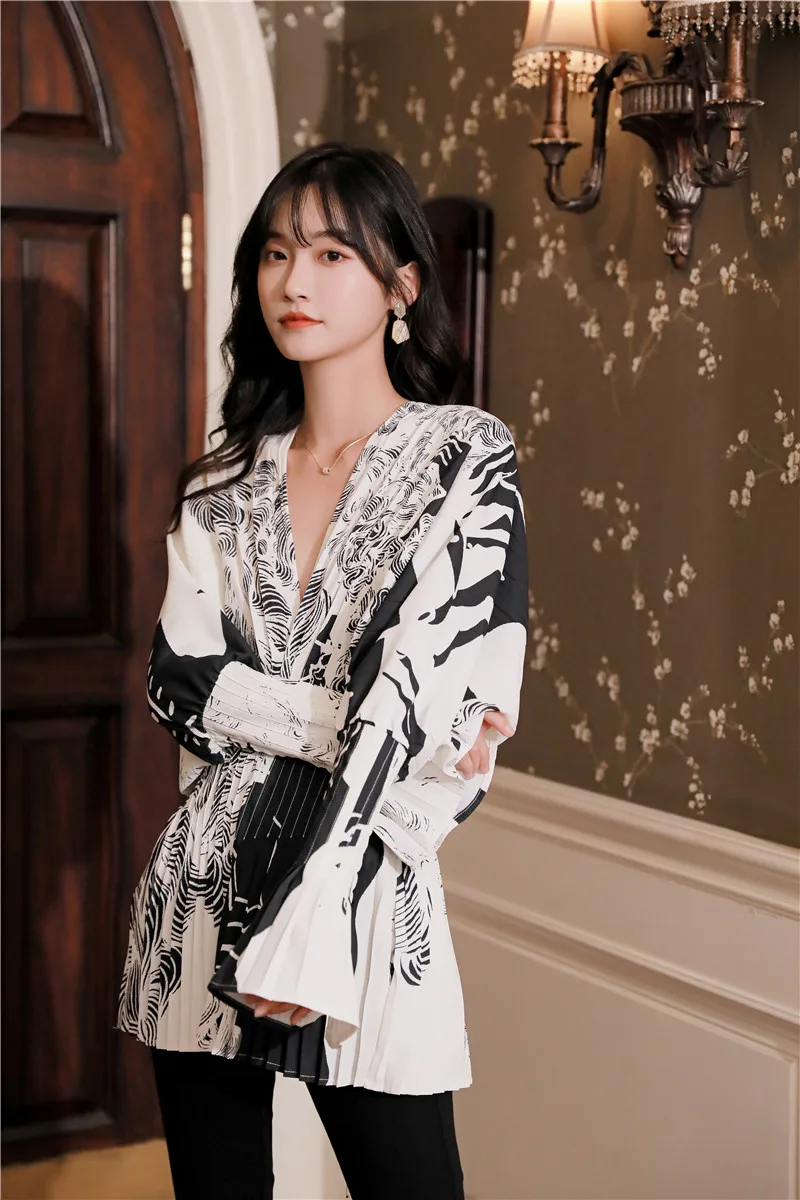 CHEERART Batwing Bell Sleeve V Neck Blouse Women Long Sleeve Top Zebra Print Frilly Tunic Tops Designer Fashion 2020