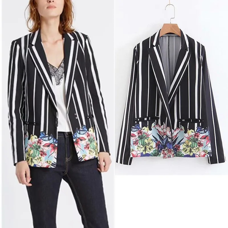 

Summer New Style Europe And America WOMEN'S Dress-Style Stripes Flower Printed Loose-Fit Suit Jacket Tops W1845