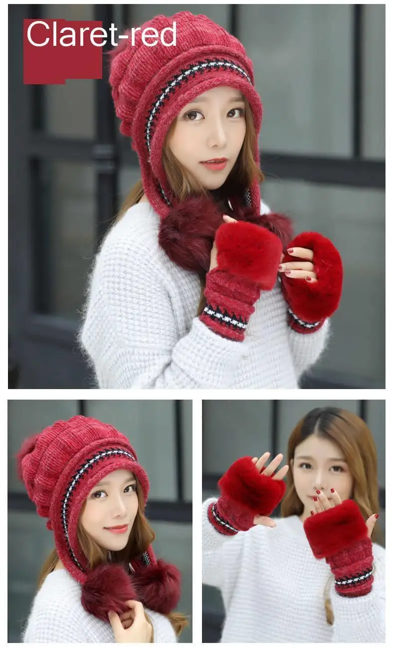 Autumn Winter Solid Beanie Wool Soft Warm Knitted Cap Women Gorro Cuffed Hat For Women Glove