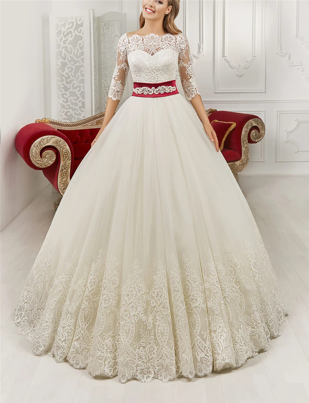 

Gorgeous Ball Gown Ivory Tulle Wedding Dresses Delicate Embroidery Tulle 3/4 Sleeves Square Collar Bridal Dresses With Red Bows