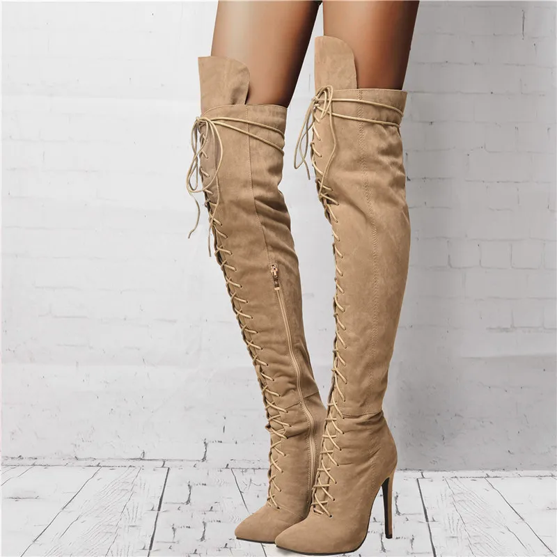 

Winter Fashion Woman Shoes Sexy Black Pointed Toe Stiletto High Heels OverKnee Boots Gladiator Lace Up Thigh High Boots Women