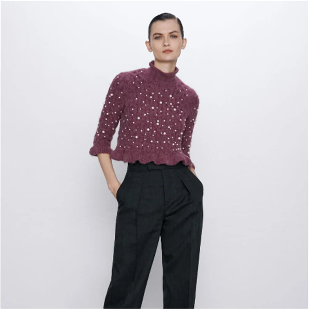 2020 ZA Spring New Embroidered Sweater Fashion Imitation Pearl Decorative Knitwear Boho Women's Stand Collar Long Sleeve | Женская