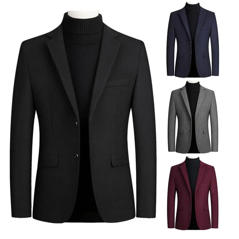 Men Blazer Two Buttons Lapel Autumn Winter Woolen Business Casual Suit Jacket Long Sleeve Suit Coat Workwear