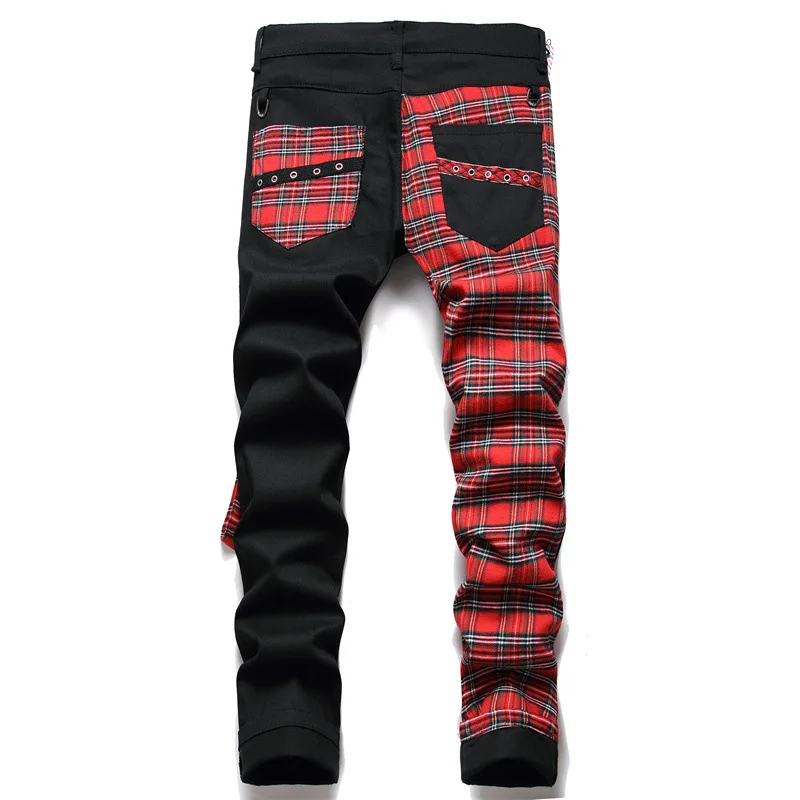 Men Punk Jeans Trendy Scotland Plaid Tartan Black Denim Pants