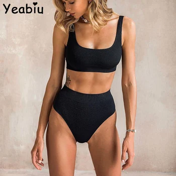 

Women Bikini Set Simple Solid High Waist Black Swimwear Bikinis Push Up Pad Famale Beach Wear Bathing Biquini Monokini