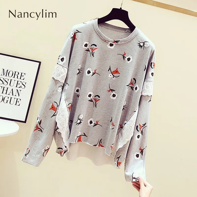 

Hoodies Foe Woman New Flower Printing Lace Stitching Crewneck Long Sleeve Pull Coat Loose Jacket Student Fall Winter