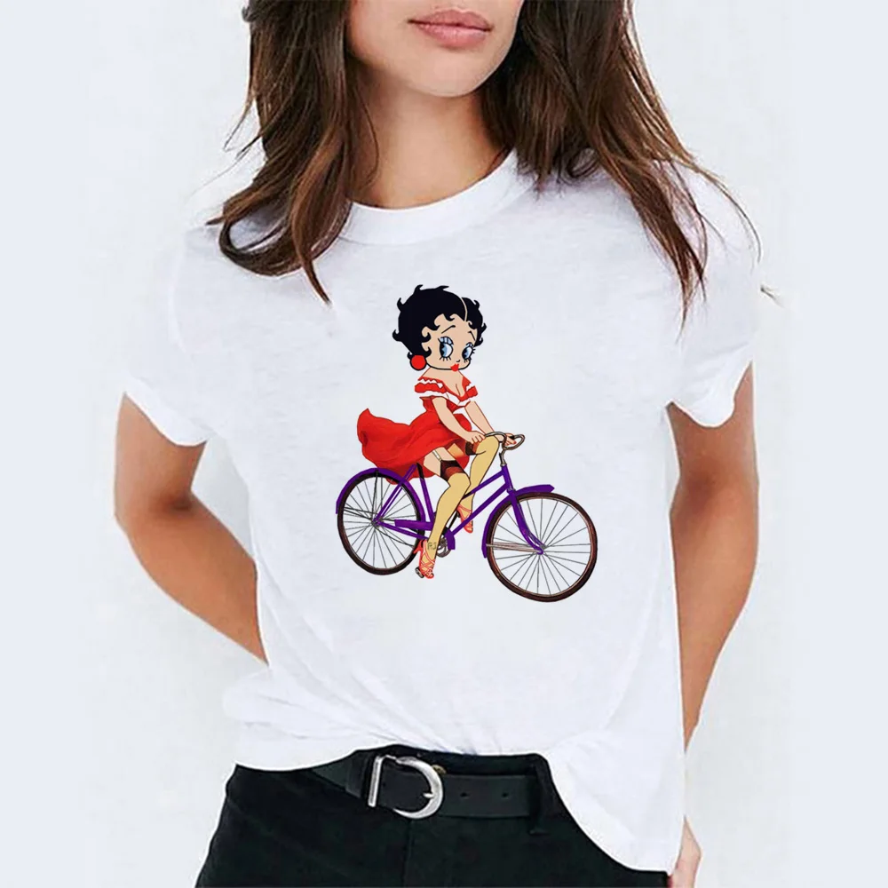 Camiseta Mujer Betty Boop езда на велосипеде Vogue принцесса мультфильм печати белый хлопок Футболка для женщин эстетический стиль Kpop футболка Femme - Цвет: 13