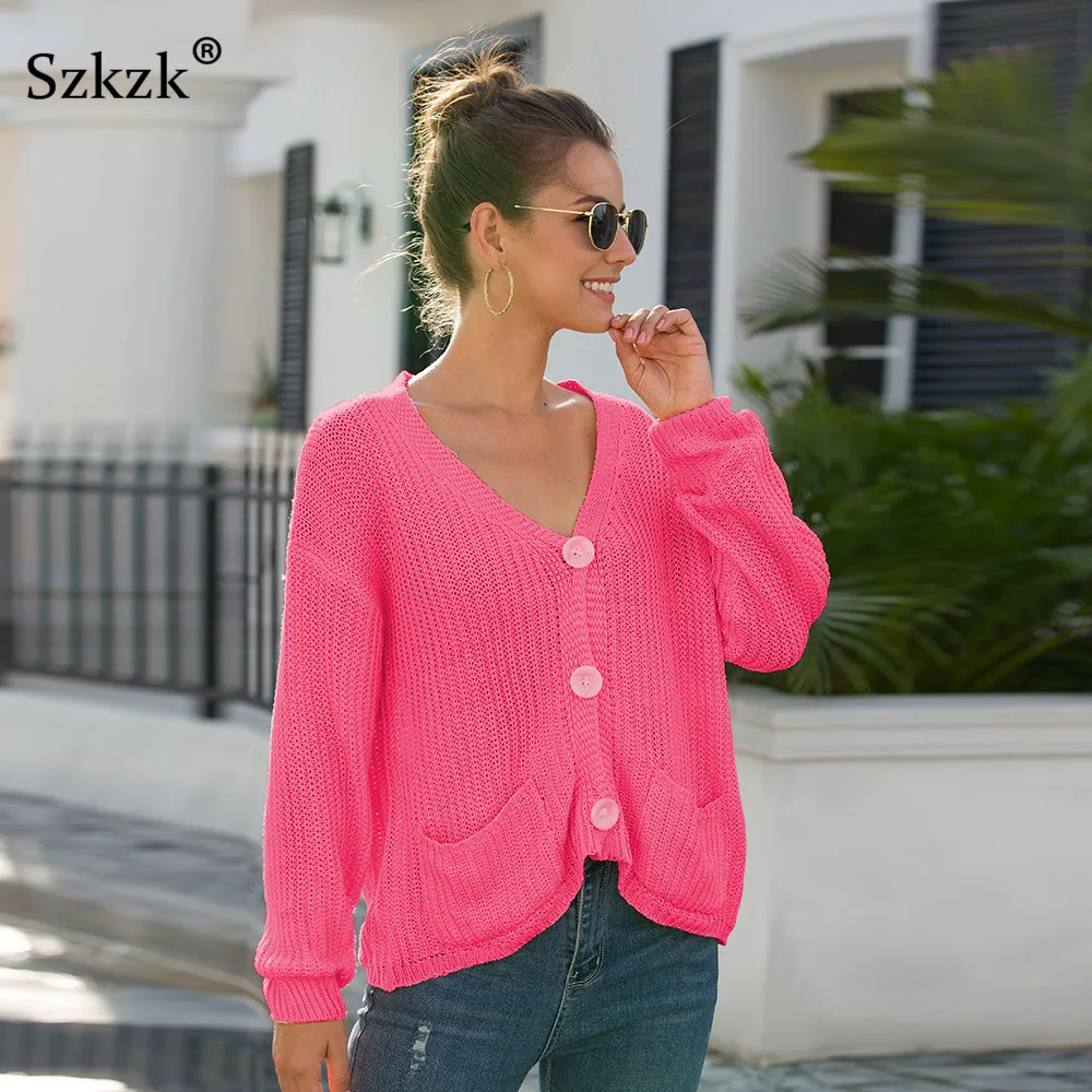 Rose Red Szkzk трикотажный свитер пальто женский сексуальный вязаный кардиган осень зима свободные свитера с карманом длинный рукав пуговицы женские пальто - Цвет: Rose Red