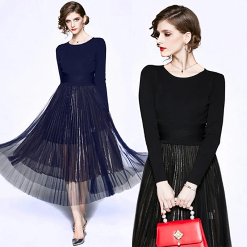 

2020 New Autumn Bohemia Women Suits Slim Knit Pullover Pullovers + Elastic Waist Pleated Mesh Skirt Elegant Two Piece Set