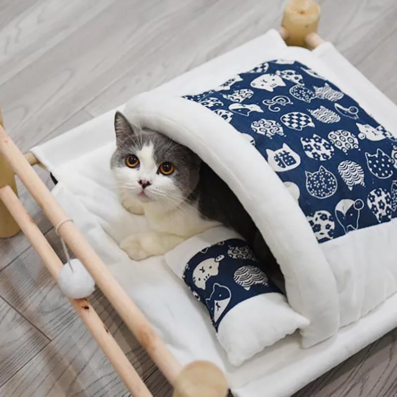 Detachable Cat Bed House Elevated Cat Hammocks Bed Wood Canvas Washable Cat Lounge Bed for Small Dogs Cats House Pet Accessories
