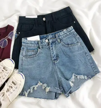 

Vintage Washed High Waist Hole Tassel Loose Denim Shorts