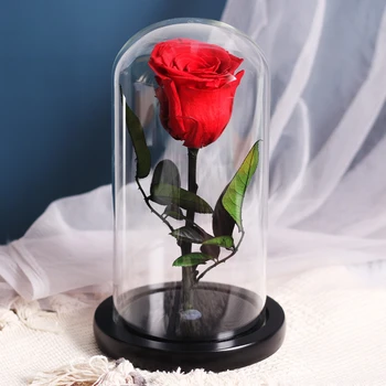 

Dropshipping 2020 Beauty And The Beast Red Rose In A Glass Dome With LED Light Wooden Base For Valentine's Mother's Day Gifts