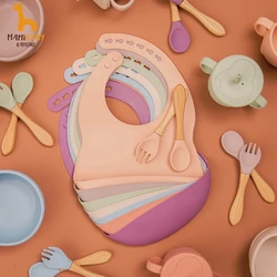 5pcs Baby Silicone Feeding Training learning Tableware Fork Spoon Cup Bib Bowl Non-Slip Feeding Tableware Baby Products BPA Free