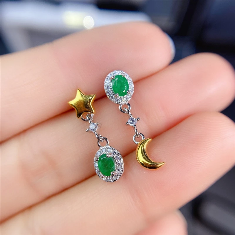 

WEAINY Asymmetrical Emerald Earrings, S925 Silver Earrings, Moon and Stars Earrings, Exquisite Women's Earrings