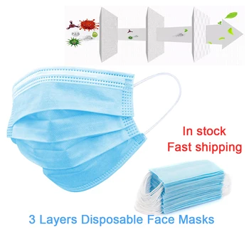 

50pcs 3 Layers Disposable Masks Dustproof Face Mouth Cover Masks Non Woven Meltblown cloth Prevent bacteria Masks In Stock