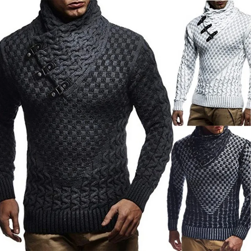 Leather Buckle Coarse Sweater Men Turtleneck Mens Knitted Pullover Casual Autumn Elastic Knitting Sweater Coat Knitwear Pull 3XL Leather Buckle Coarse Sweater Men Turtleneck Mens Knitted Pullover Casual Autumn Elastic Knitting Sweater Coat Knitwear Pull 3XL
