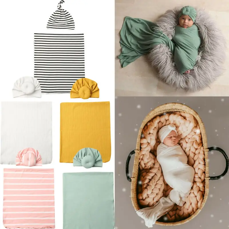 2Pc//Set Newborn Cotton Swaddle Blanket Baby Cocoon Sleeping Bag Muslin Wrap Hat