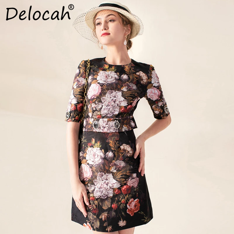 

Delocah Autumn Winter Women Dress Runway Fashion Designer Half Sleeve Gorgeous Crystal Button Printed Elegant Jacquard Dresses