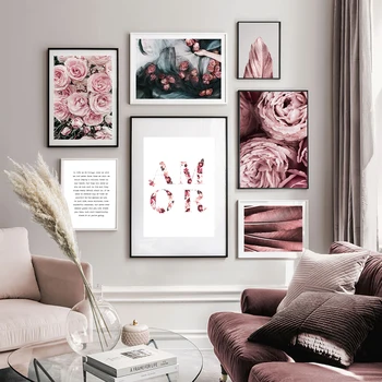 

Home Decor Rose Flower Picture Pink Feather Scandinavian Poster Style Print Nature Landcape Wall Art Canvas Painting Modern Room