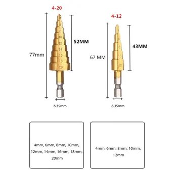 

Hss step drill bit set cone hole cutter Taper metric 4 - 12 / 20mm 1 / 4 "titanium coated metal hex core drill bits