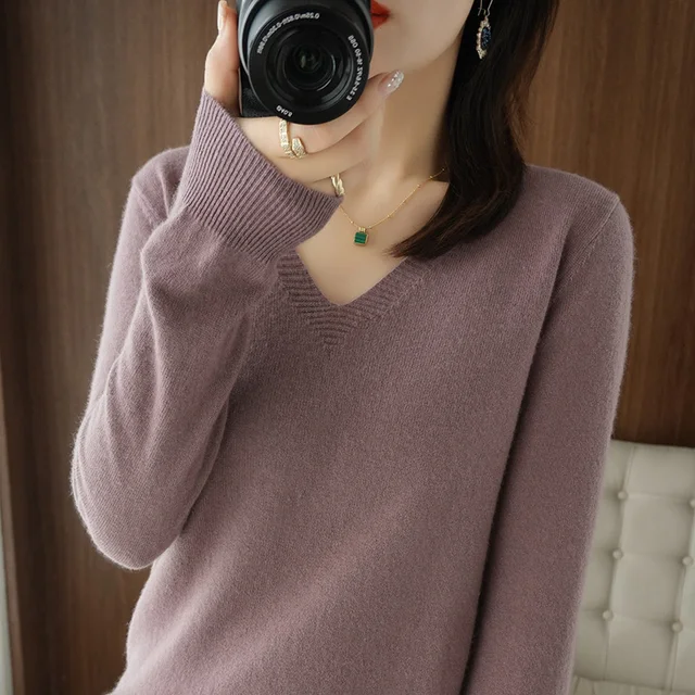 Autumn Winter New Cashmere Sweater Women Keep Warm V-neck Pullovers Knitting Sweater Fashion Korean Long Sleeve Loose Tops Purple