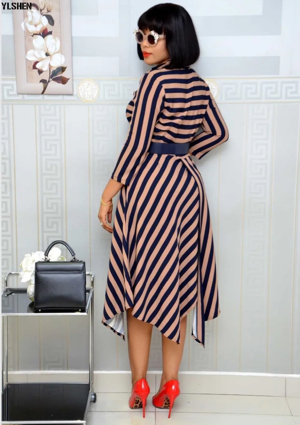African Dresses For Women Stripe Africa Clothing Ankara Long Dress High Quality Length Fashion African Dress For Lady With Belt 32