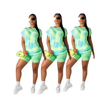 

2Pcs Women Fashion Tie Dye Tracksuit Outfits Short Sleeve Top Biker Shorts Sweat Suits