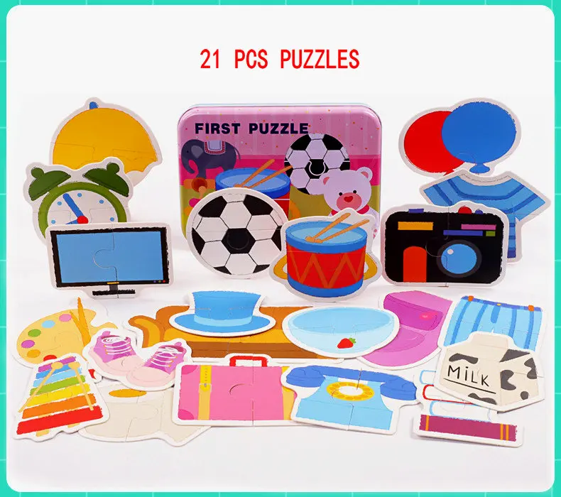 Цвет: желтый 20 pieces Large puzzles Iron box packing, Early childhood educational enlightenment puzzle, 1-2-3 years old Paper puzzles toys - Цвет: Цвет: желтый