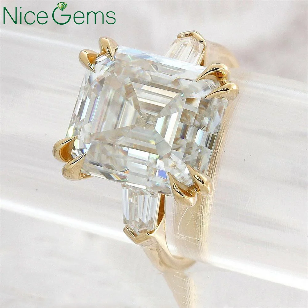 

NiceGems, 14K, желтое золото, искусственное золото, обручальное кольцо с муассанитом, обручальное кольцо 7CTW DF, двойное, с 4 зубцами, Женское кольцо