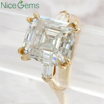 

NiceGems 14K Yellow Gold Three Stone Ring Asscher Cut Moissanite Engagement ring 7CTW DF Color Double 4 Claw prong ring for wome