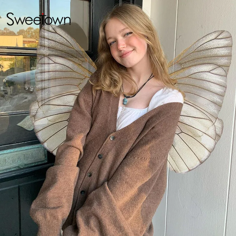 Винтажный однотонный коричневый вязаный кардиган Sweetown женская повседневная