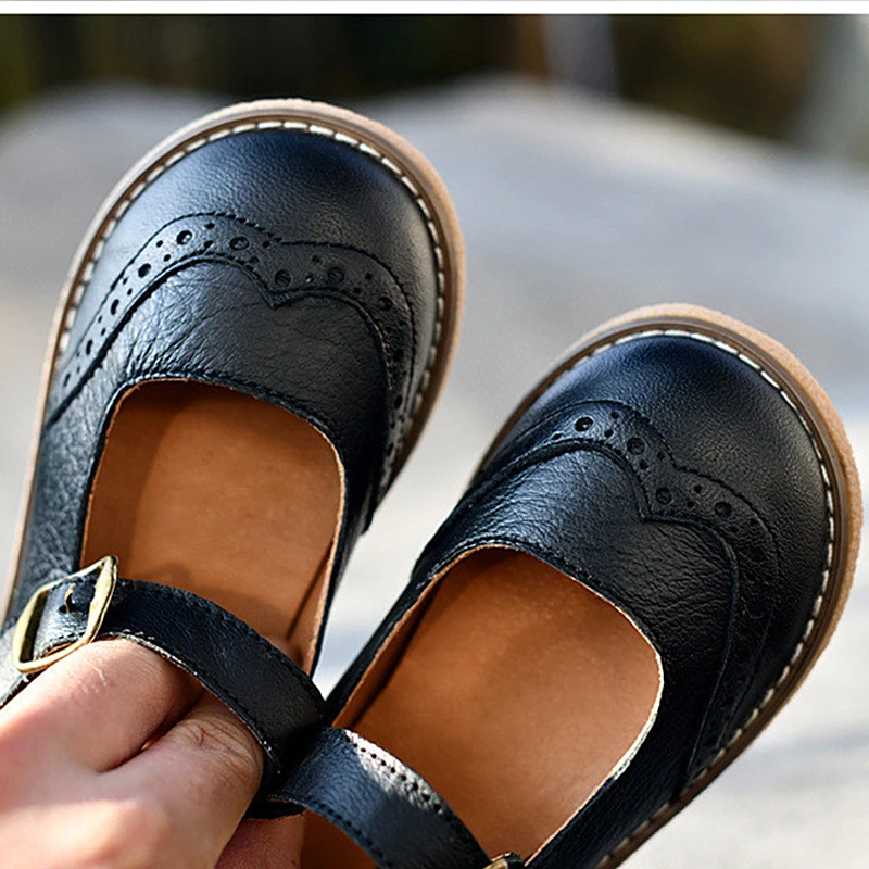 Spring Cowhide Girls Leather Shoes Genuine Leather Mary Jane Baby Shoes Fashion Kids Flats Children Casual
